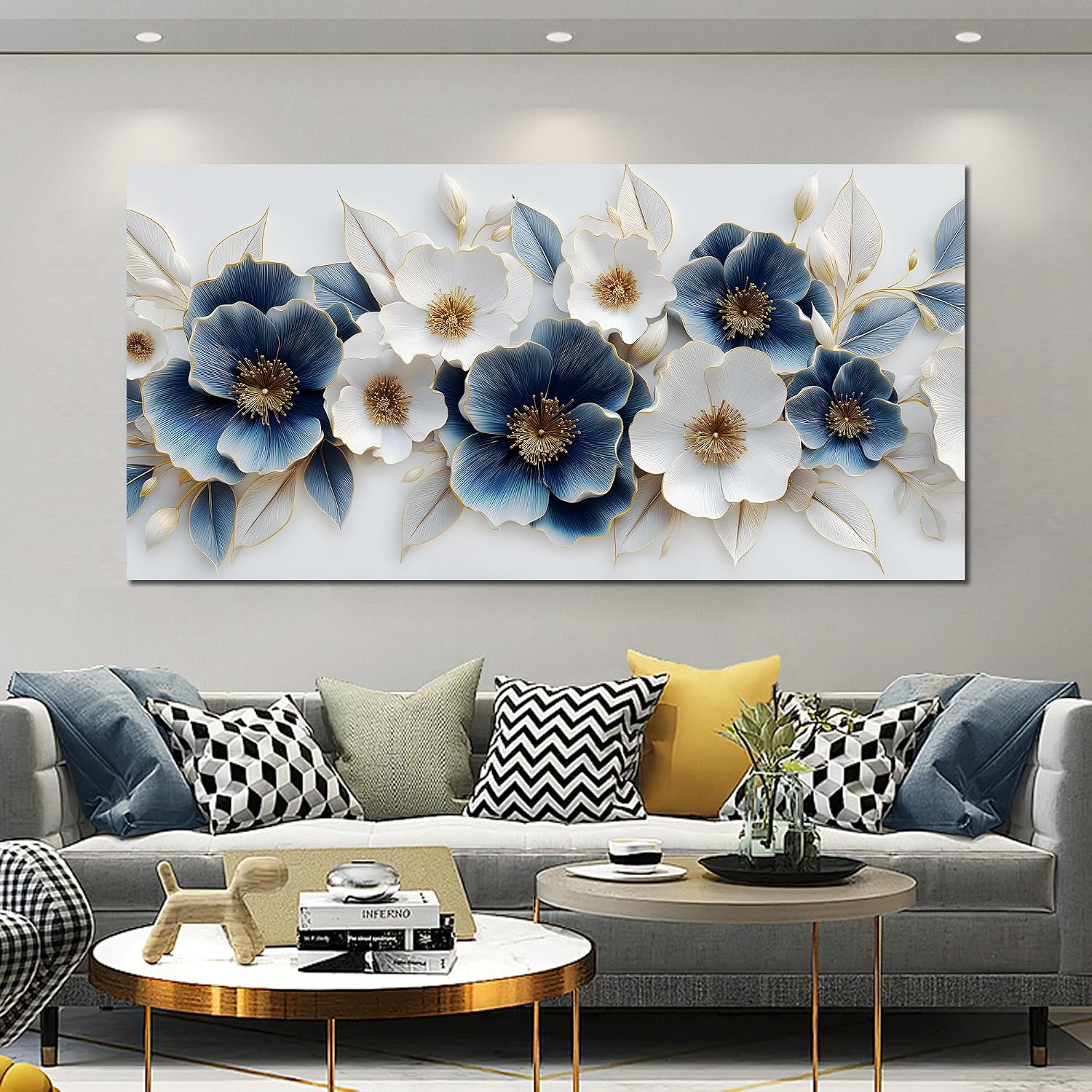 Large Canvas Wall Art for Living Room Blue and White Floral Print Painting wall Decor for Bedroom Office Modern Home Botanical Framed Wall Decorations Artwork Size 30x60 Ready to Hang