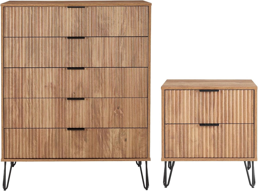 Manhattan Comfort Dumbo Modern 5-Drawer Tall Dresser and Nightstand 2.0 Set - Black Metal Accents - Vertical Ribbed Design - No Tool Assembly Storage for Bedroom & Living Room, Golden Brown