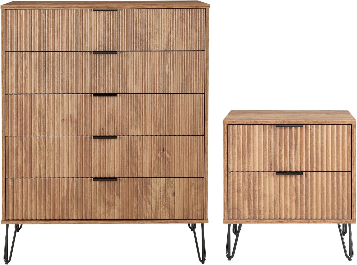 Manhattan Comfort Dumbo Modern 5-Drawer Tall Dresser and Nightstand 2.0 Set - Black Metal Accents - Vertical Ribbed Design - No Tool Assembly Storage for Bedroom & Living Room, Golden Brown