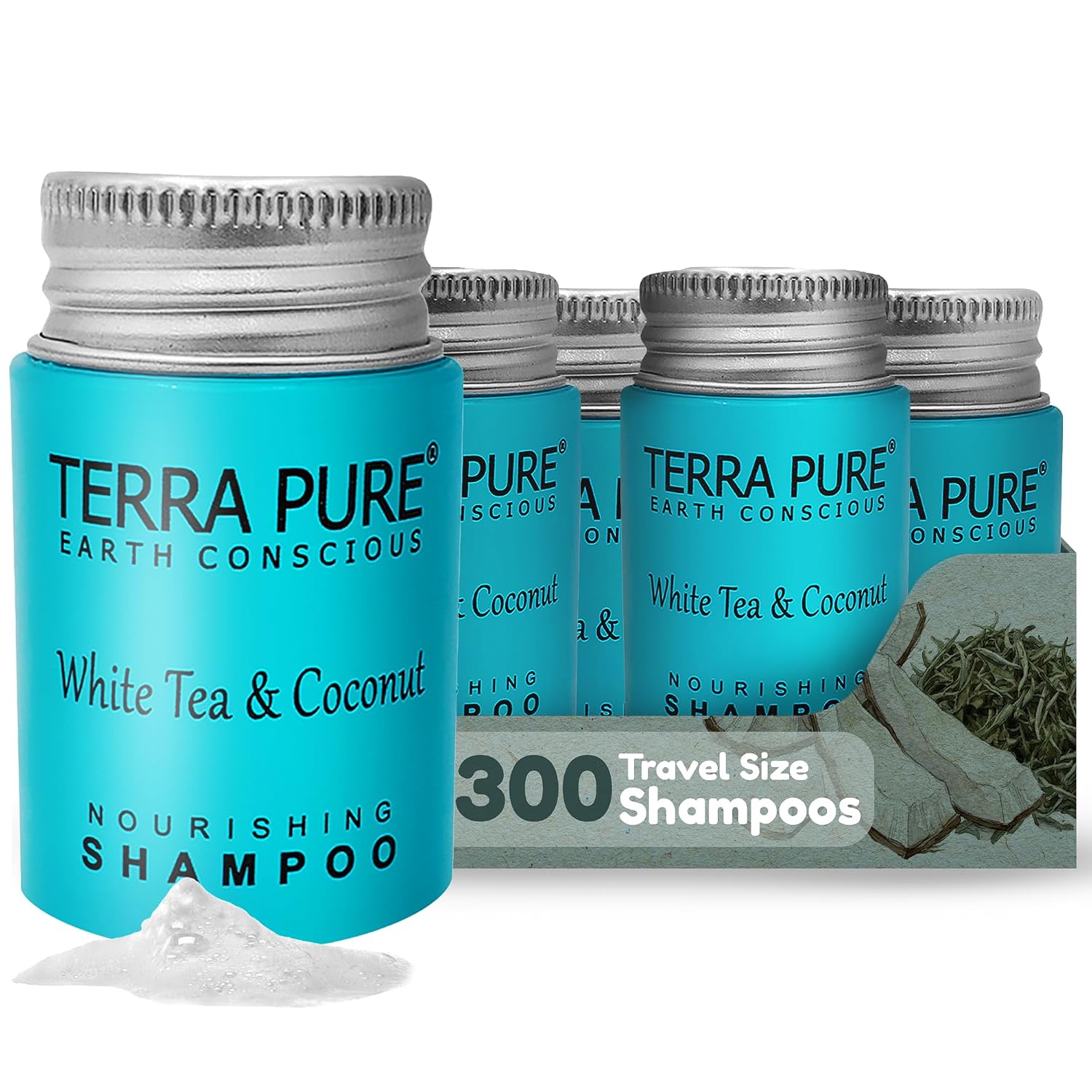 Terra Pure Travel Size Hotel Shampoo 300 Count 1 oz Bottles Guest Amenities for Hotels Vacation Rentals and Short Term Rentals Paraben Free White Tea and Coconut Scent Infused with Aloe & Olive Oil