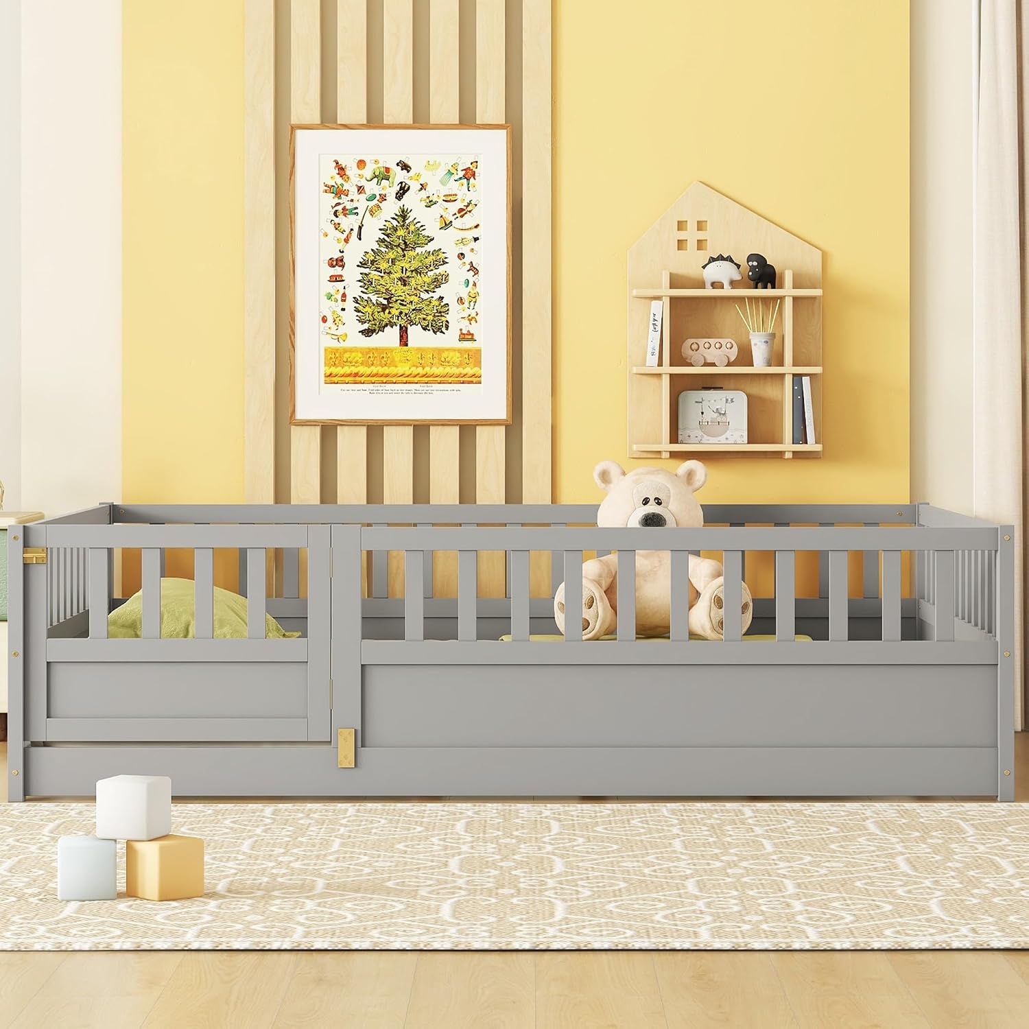 Bellemave Full Size Floor Bed with Slats and Door, Full Size Montessori Floor Bed with Rails, Easy Assemble Montessori Beds Frame for Bedroom, Gray