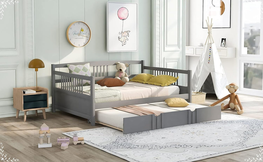Full Trundle Bed, Bed for Men Grey Solid Wood Bohemian Sofa Bed with Metal Slats Daybed for Teen Adult Bedroom Living Room