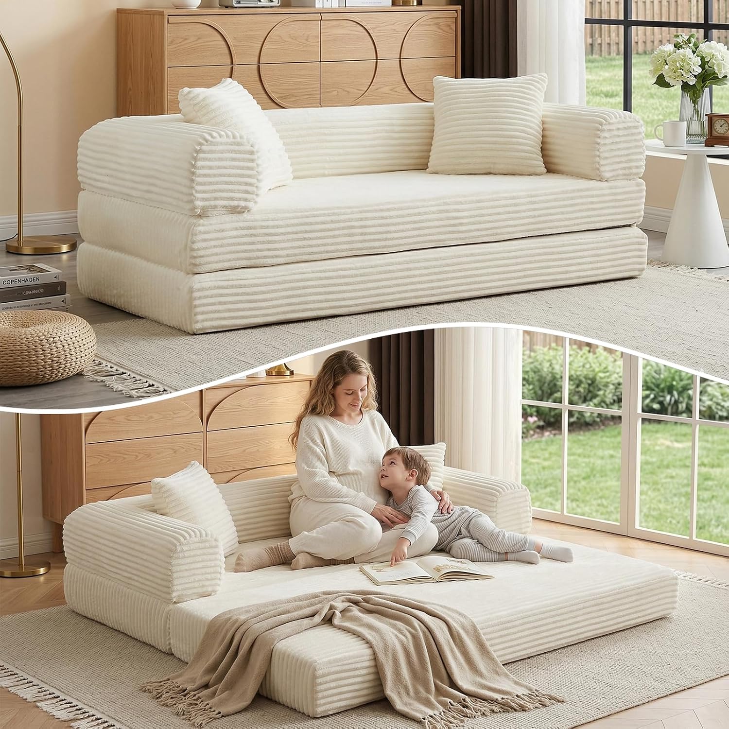 Convertible Folding Sofa Bed,Fold Out Floor Sofa Couch with Fixed-Shape Frame,Corduroy Foldable Mattress Cloud Couch for Living Room Bedroom (Off White, 78 Inch)