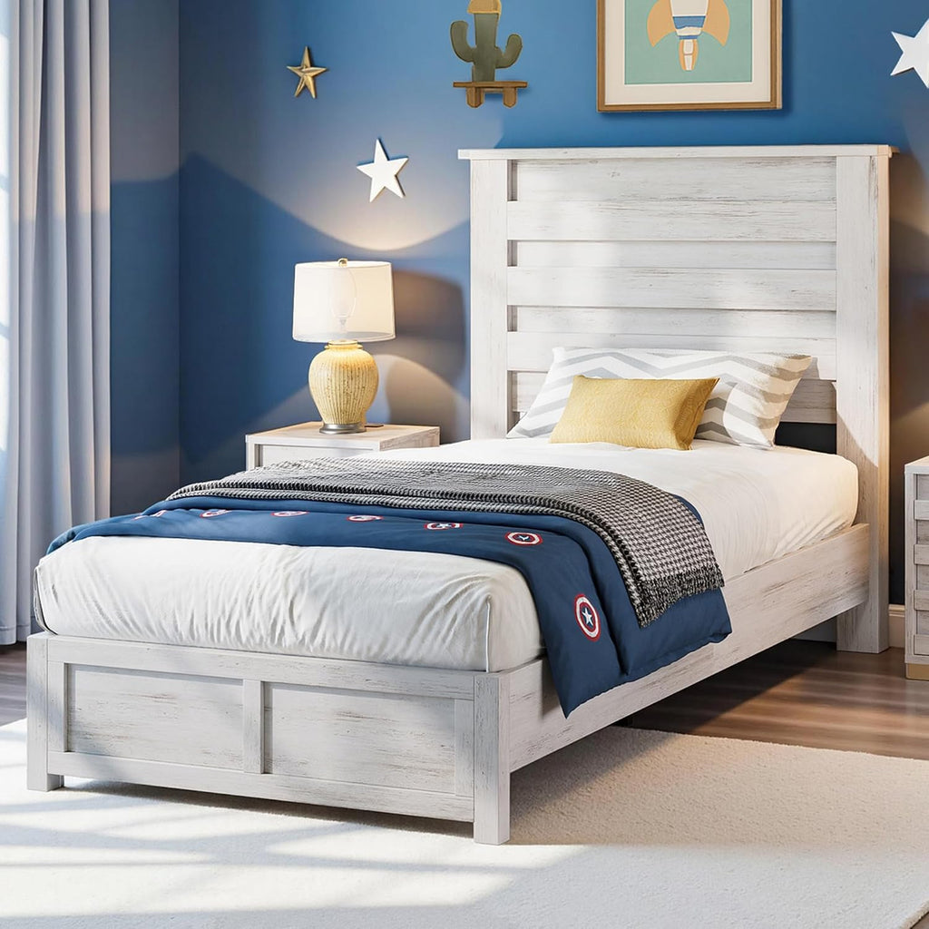 LUXOAK Twin Farmhouse Bed Frame with 49' Fluted Headboard, Wooden Platform Bed with Natural Grain, Noise-Free, No Box Spring Needed, Distressed White