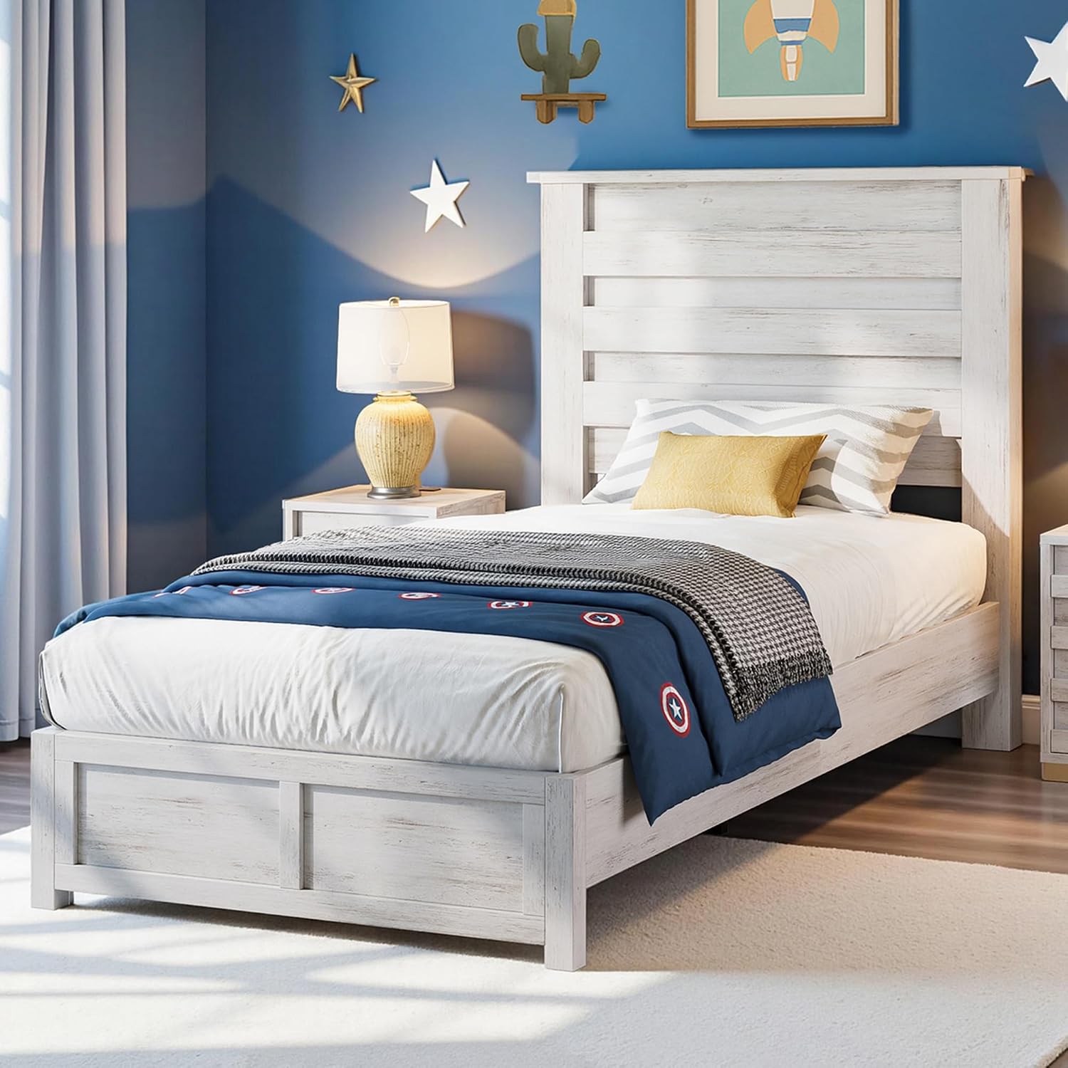 LUXOAK Twin Farmhouse Bed Frame with 49' Fluted Headboard, Wooden Platform Bed with Natural Grain, Noise-Free, No Box Spring Needed, Distressed White