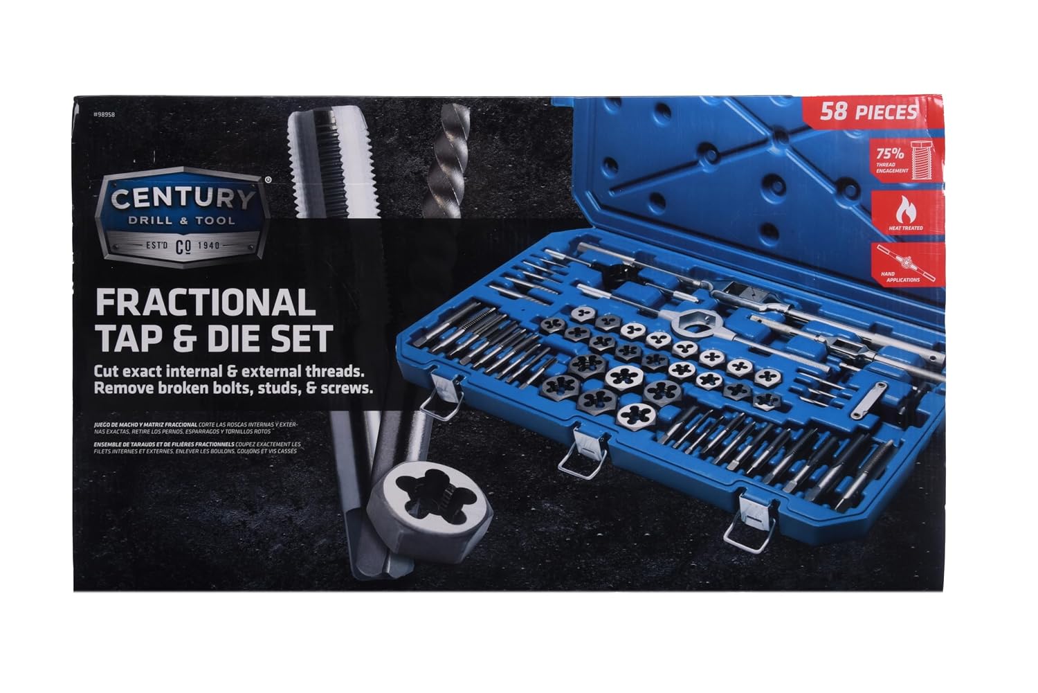 Century Drill & Tool – 98958 Carbon Steel Fractional Tap and Die Set, 58 Piece Tool Set – Tool Kit for Hand Cutting Applications, Construction