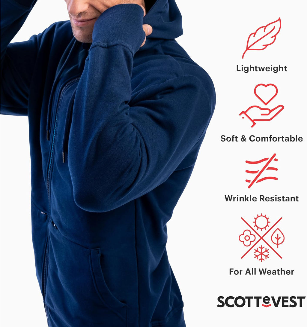 SCOTTeVEST Cotton Hoodie for Men - 21 Hidden Pockets - Lightweight Zip Up Sweatshirt for Travel & More