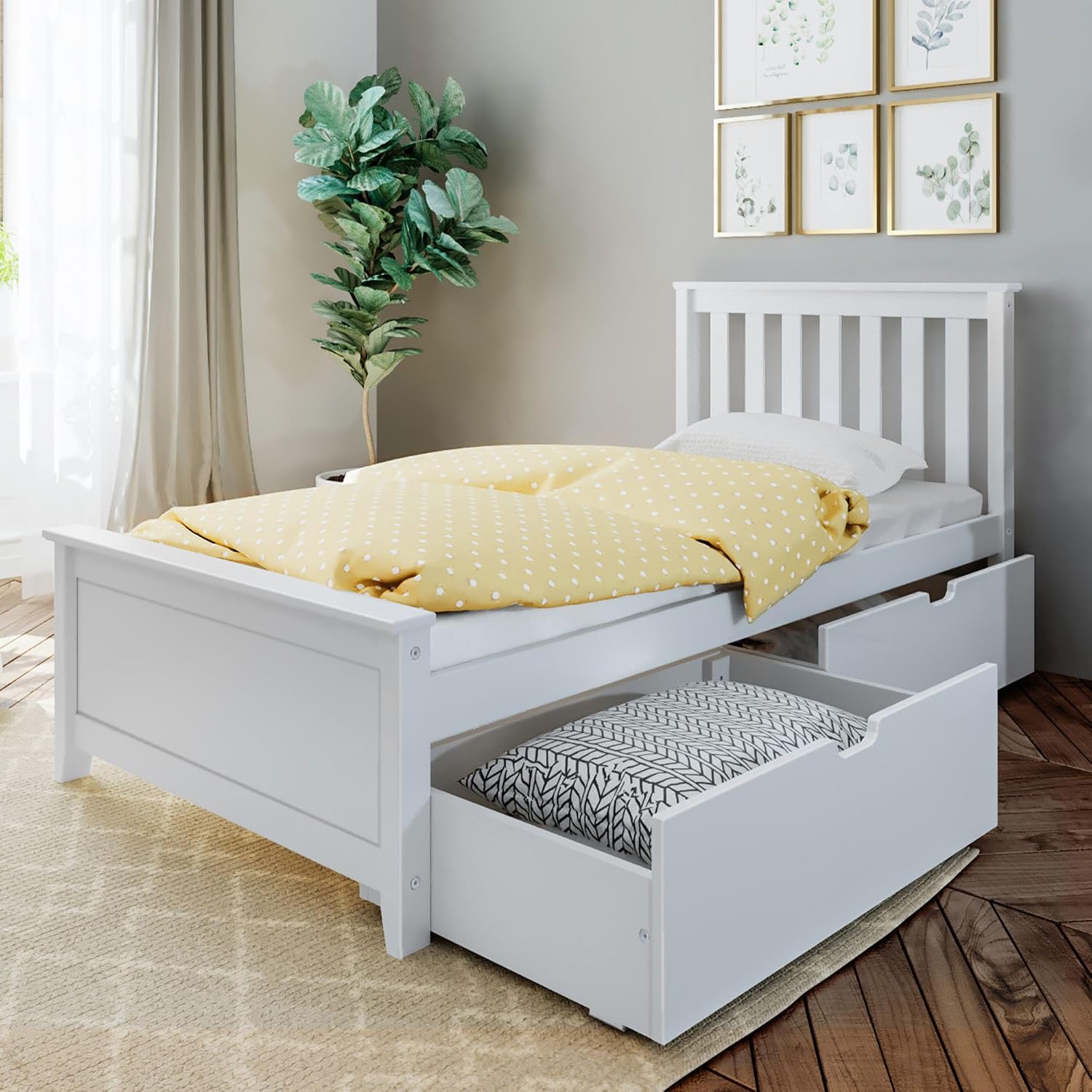 Max & Lily Classic Twin Bed, Slatted Headboard, with Storage Drawers, White