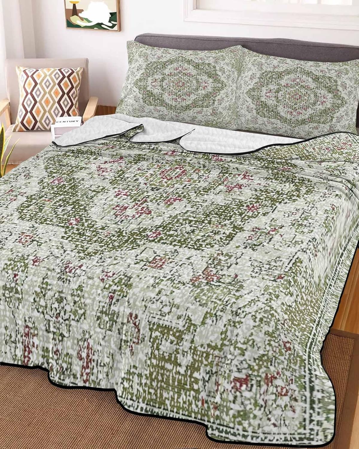 Quilt King Size Bedding Set, Sage Green Boho Lightweight Summer Quilt 3 Pieces Bedding Sets, Vintage Abstract Art Ethnic Tribe Reversible Soft Bedspreads Coverlets with 2 Pillow Shams for All Season