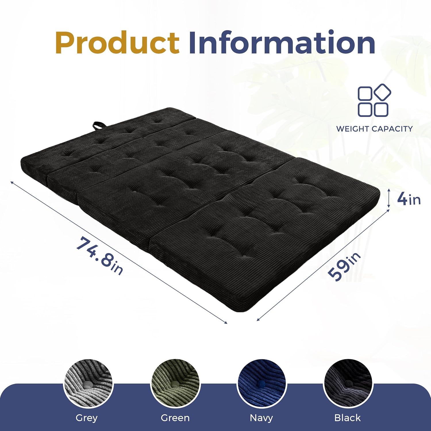 MAXYOYO Foldable Sofa Couch Bed, 4 Inch Tufted Folding Mattress, Portable Floor Couch with Handles Guest Bed Topper Portable Camping Mat with Corded Fabric, Queen Size, Black