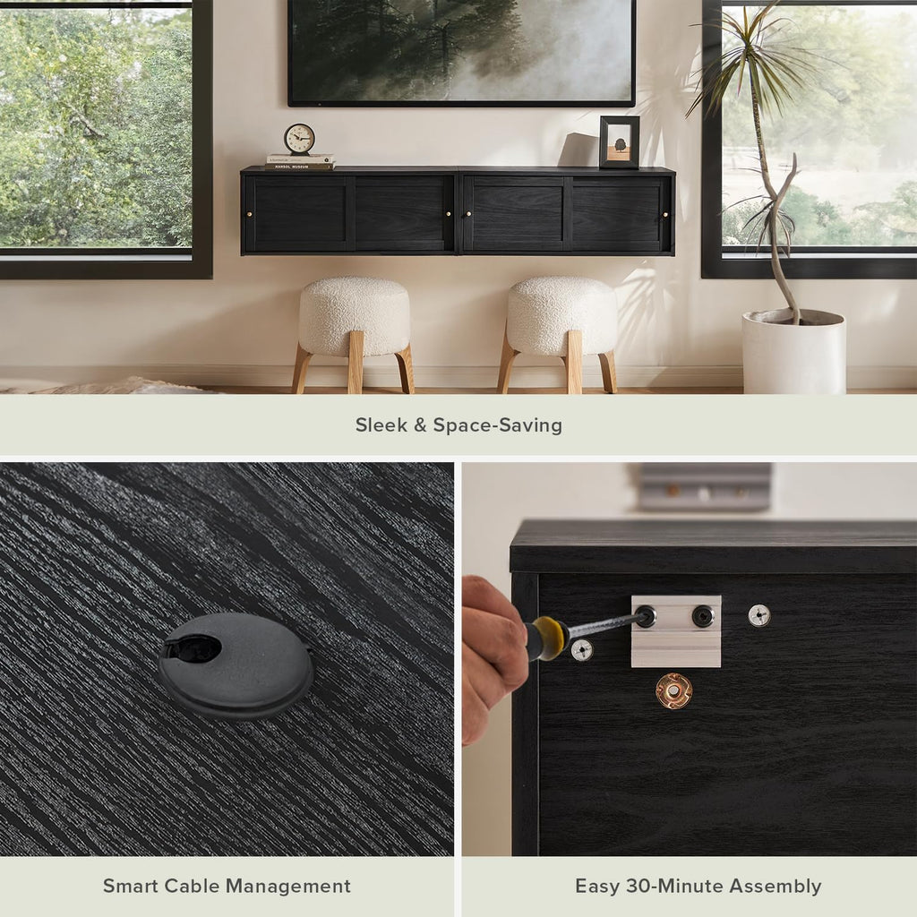 mopio Lauren Floating TV Shelf, Multi-Purpose Modular Under TV Display Shelf, Wall Mounted Wood Television Cabinet, Nightstand, Side Table, End Table, Bedside Shelves for Bedroom (Black, 62', Twin)