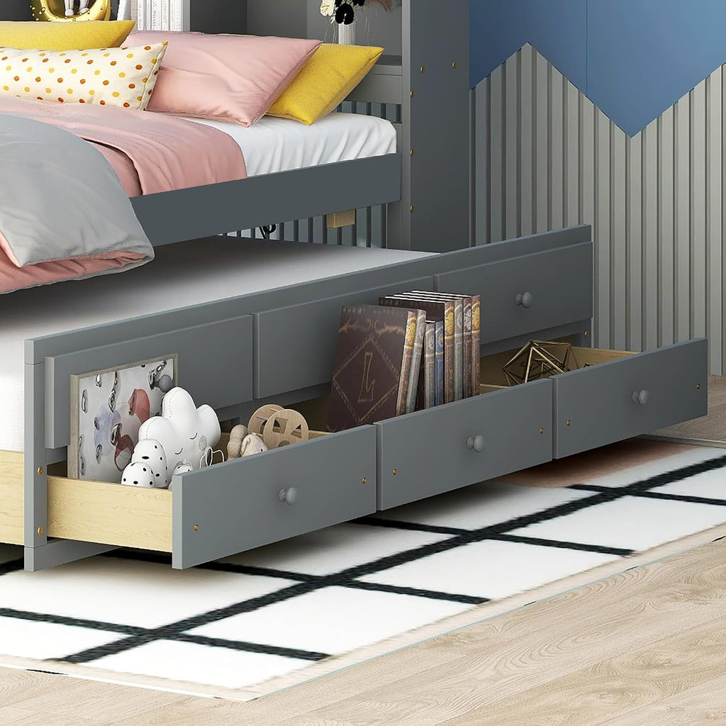 KEVINSPACE LED Bed Frame Twin Captains Bed Storage Daybed with Trundle Set, USB,Type-C Ports,LED Light Bed, Twin Size Beds Wooden Platform Bed with 3 Drawers and Bookcase Headboard Bedroom Grey