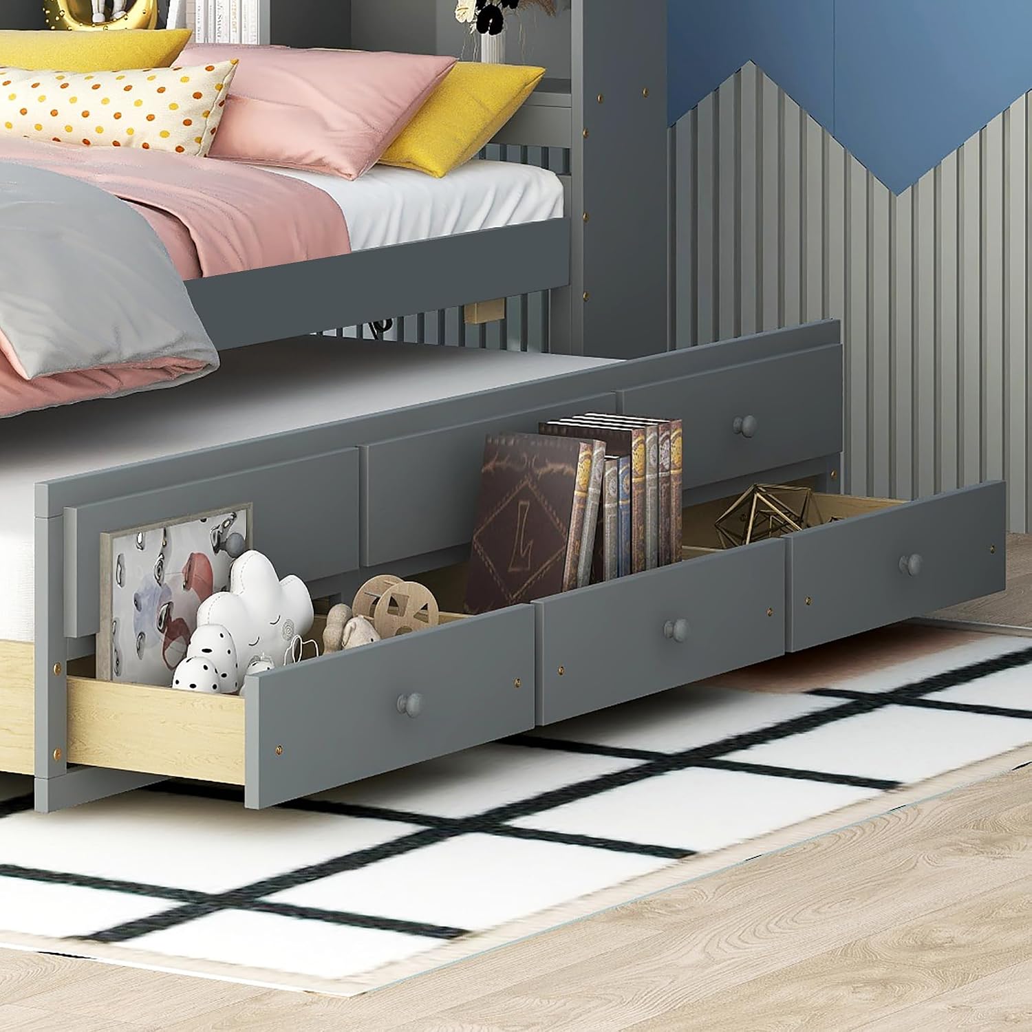 KEVINSPACE LED Bed Frame Twin Captains Bed Storage Daybed with Trundle Set, USB,Type-C Ports,LED Light Bed, Twin Size Beds Wooden Platform Bed with 3 Drawers and Bookcase Headboard Bedroom Grey