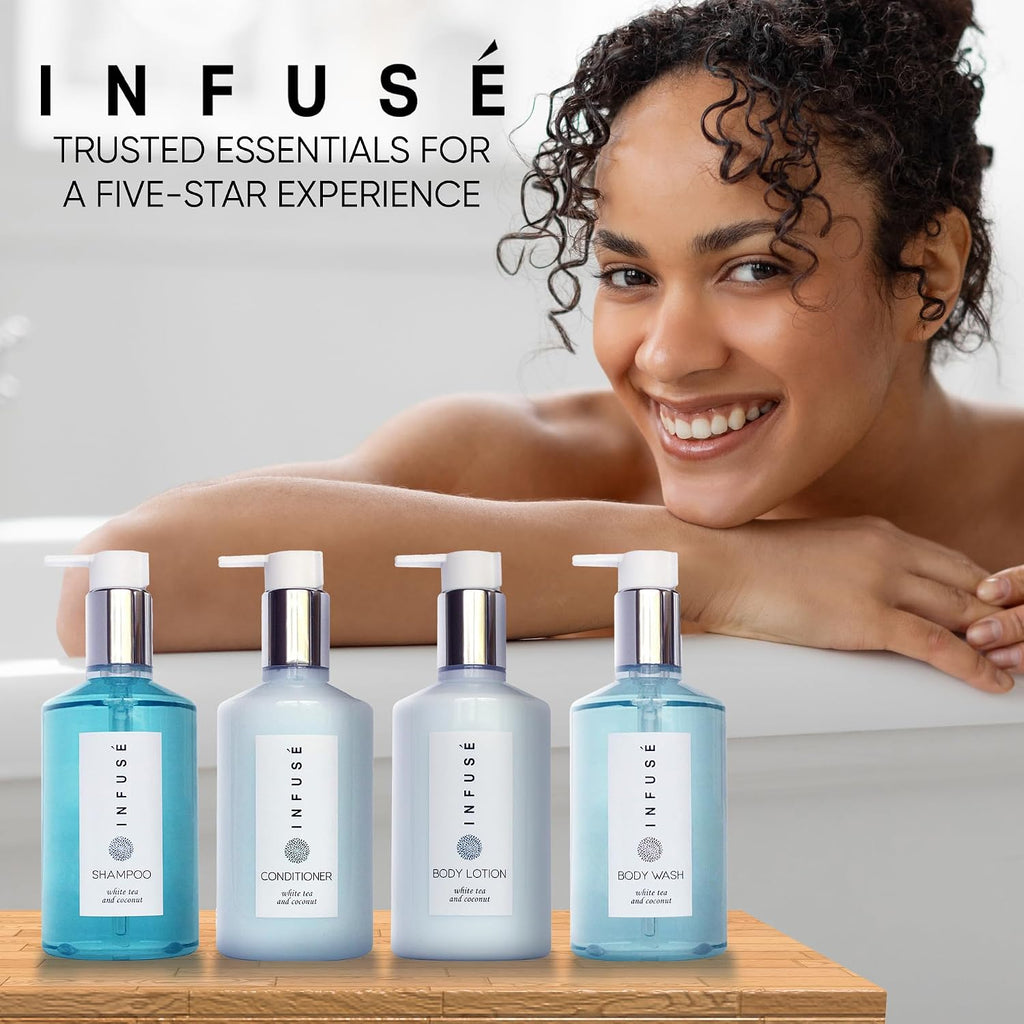 1-Shoppe Infuse 48 Piece Ecobox All-In-Kit | White Tea and Coconut Soap | 12 Shampoo, 12 Conditioner, 12 Body Wash and 12 Lotion | 10.14 oz Hotel Soaps and Toiletries Bulk | Personal Care Products