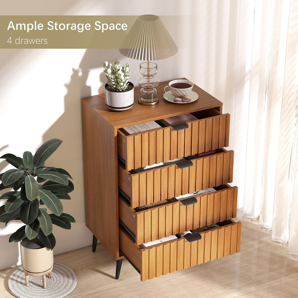 Fluted Dresser for Bedroom, 24'' Wide Modern Chest of Drawers, 4 Drawer Dresser Nightstand, Natural Wood Drawer Organizer for Bedroom, Living Room, Hallway, Walnut