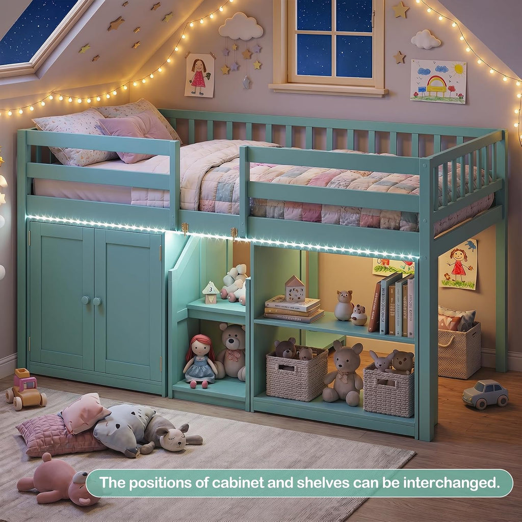 KOMFOTT Low Loft Bed with LED Light, Stairs & Guardrails, Modern Wood Kids Twin Bed with Under-Bed Space, Storage Cabinet and Shelves, Space-Saving Twin Loft Bed for Kids, No Box Spring Needed (Green)