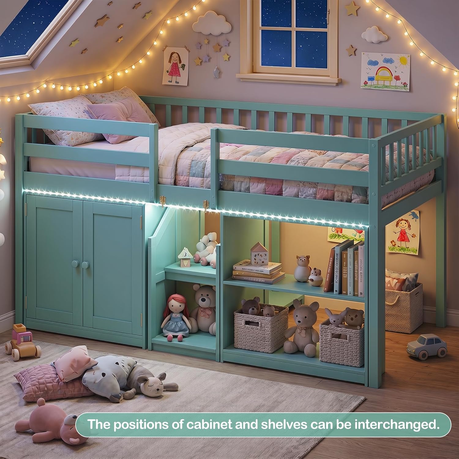 KOMFOTT Low Loft Bed with LED Light, Stairs & Guardrails, Modern Wood Kids Twin Bed with Under-Bed Space, Storage Cabinet and Shelves, Space-Saving Twin Loft Bed for Kids, No Box Spring Needed (Green)