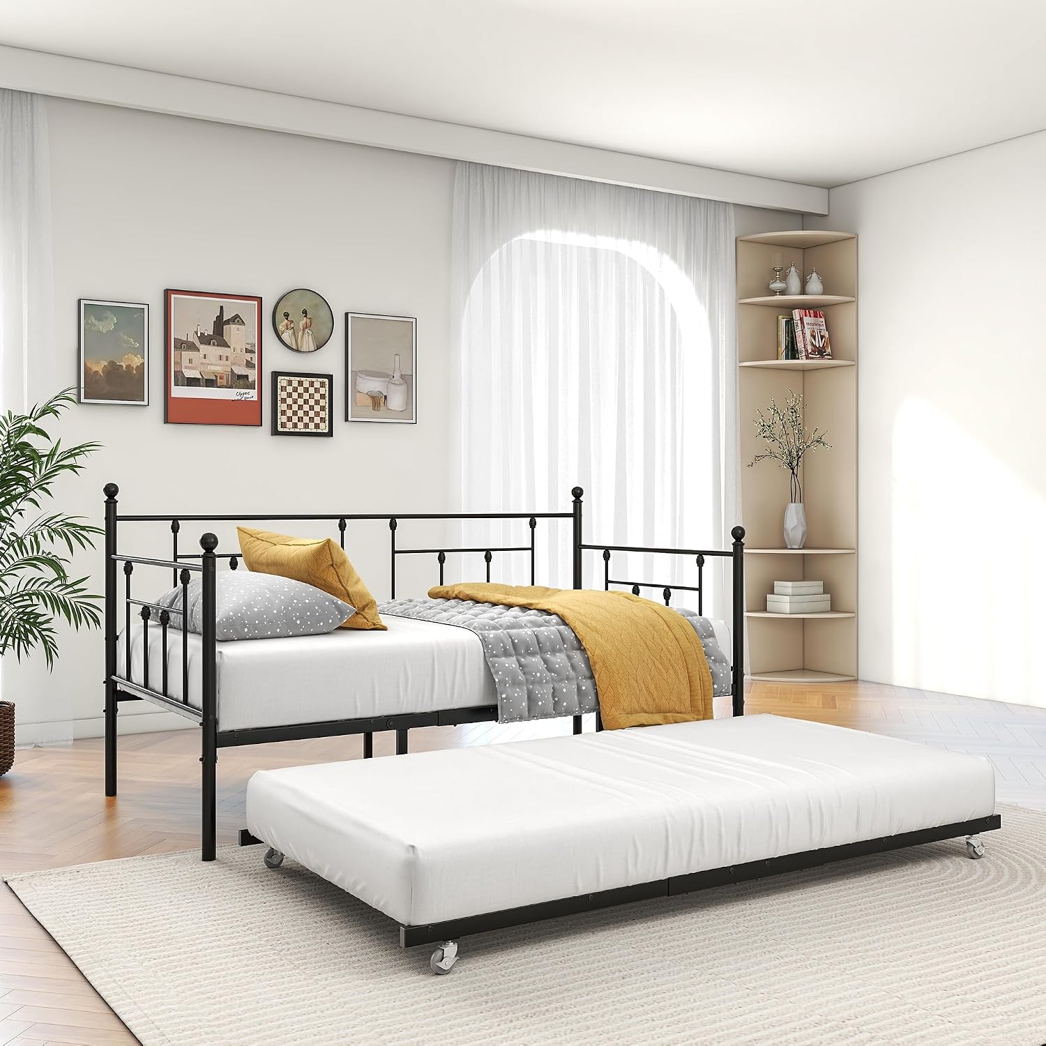 Twin Size Daybed Metal Frame with Trundle Set, Twin Day Bed Sofa, Daybed and Roll Sofa Bed for Guest Room, Bedroom, Living Room, Style, Black