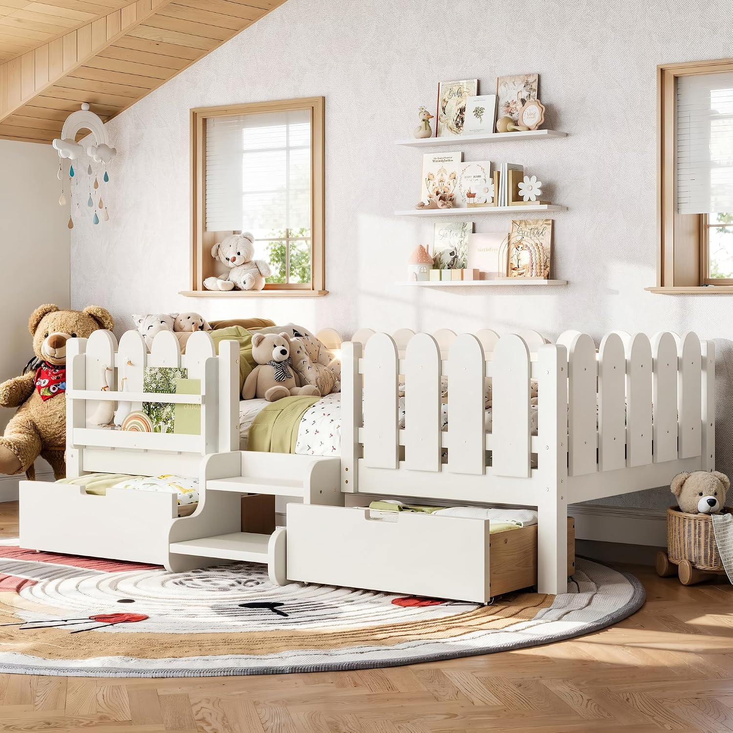 Bellemave Twin Kids Montessori Bed with Stairs, Bookshelf and LED Lights, Solid Wood Kids Bed Frame with Storage Drawers for Boys Girls, Low Profile,Beige