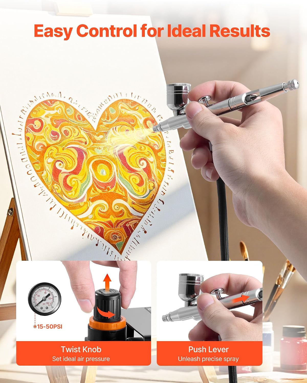 VEVOR Airbrush Kit, 1/6 HP, Air Brush Kit with Air Compressor, 1 Dual-Action Professional Airbrush with 3 Tips, Hose, Acrylic Paint, Brush, Low Noise, for Cake Decorating, Model Painting, Nail Art