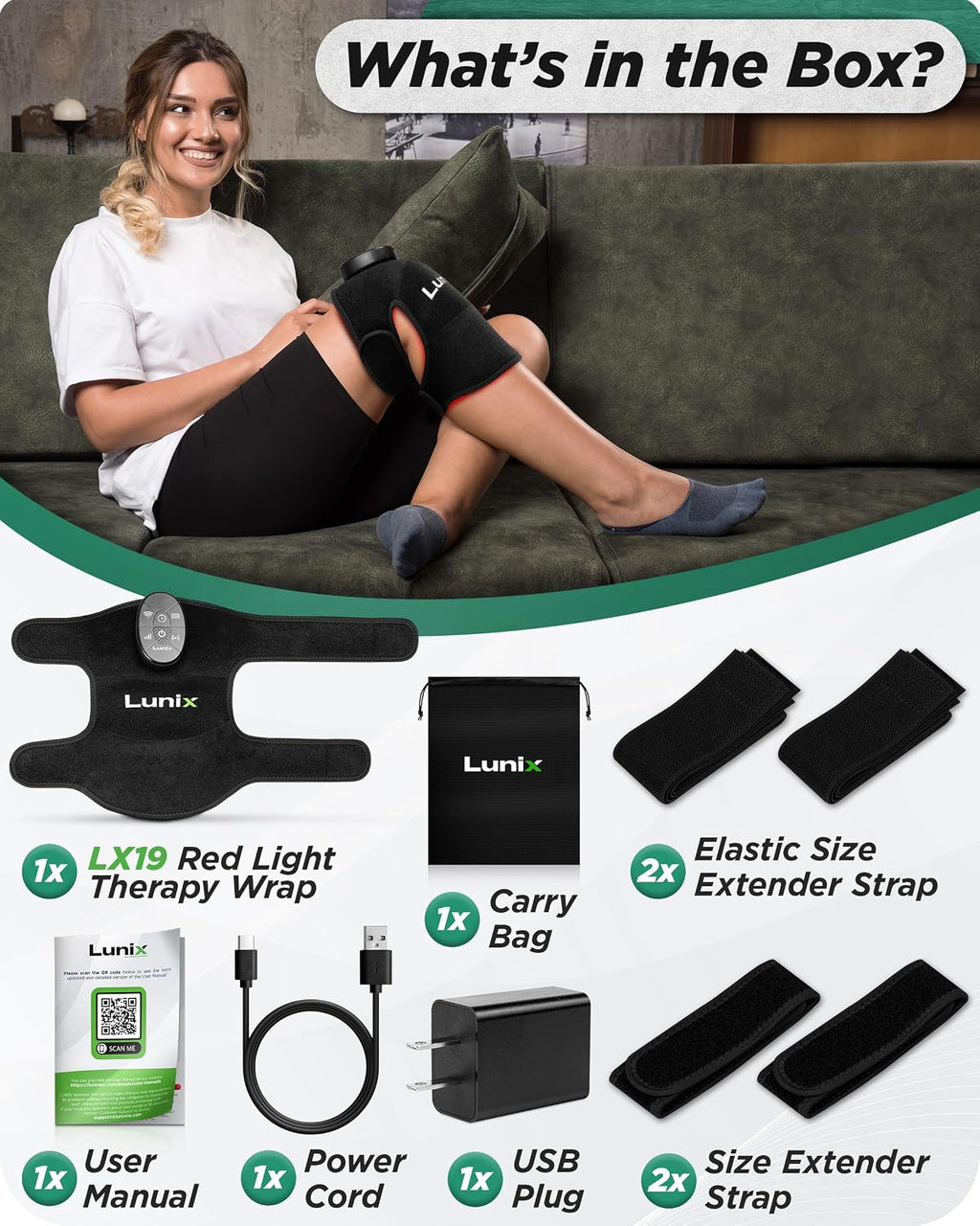 Lunix LX19 Red Light Therapy for Knee, Elbow and Shoulder, Triple Chips LED 850 and 660nm, Infrared Therapy for Circulation & Joint Support, Rechargeable, Adjustable Intensity