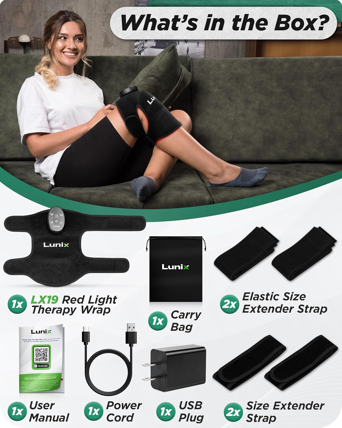 Lunix LX19 Red Light Therapy for Knee, Elbow and Shoulder, Triple Chips LED 850 and 660nm, Infrared Therapy for Circulation & Joint Support, Rechargeable, Adjustable Intensity