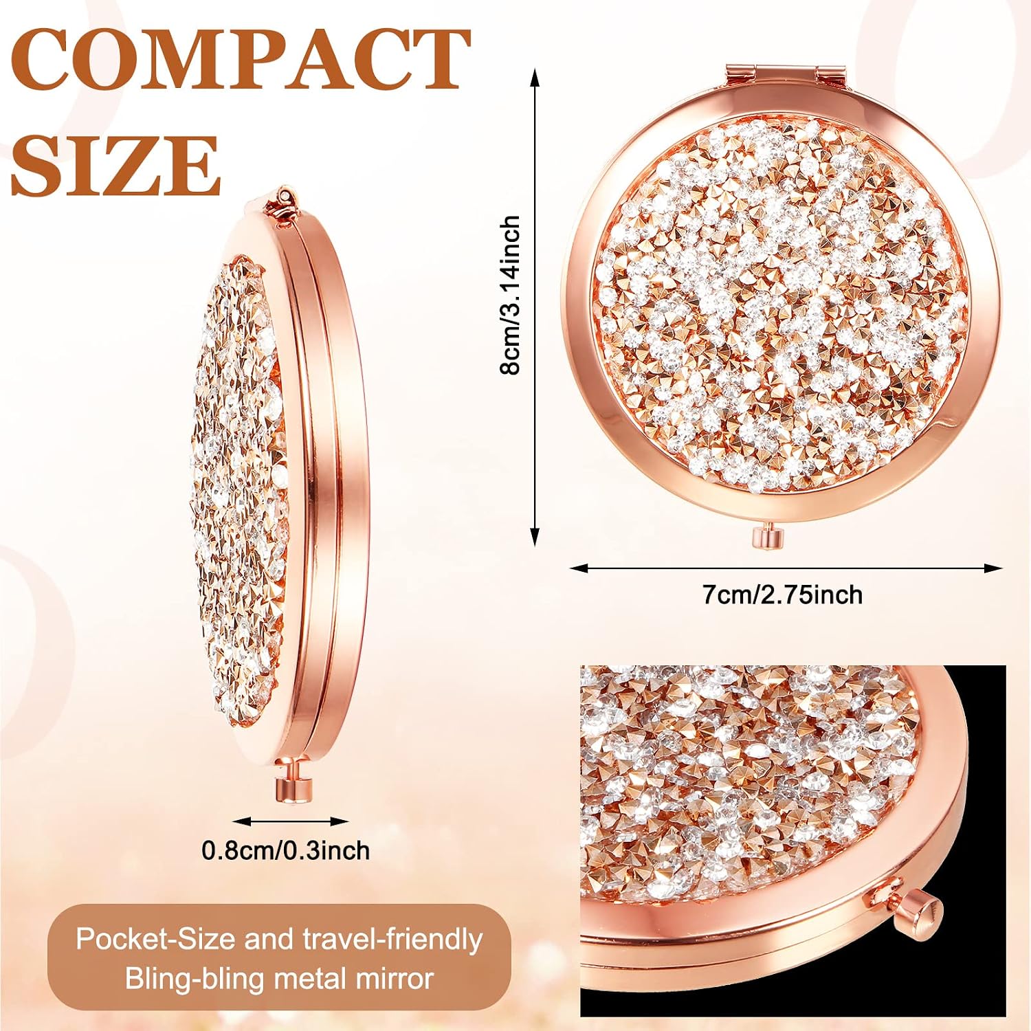 Cindeer 100 Pcs Small Compact Mirror Folding Pocket Makeup Round Hand Held Cosmetic Magnifying Compact Rhinestone Mirror with 1X/2X Magnification for Women Girls Travel (Cute Colors)