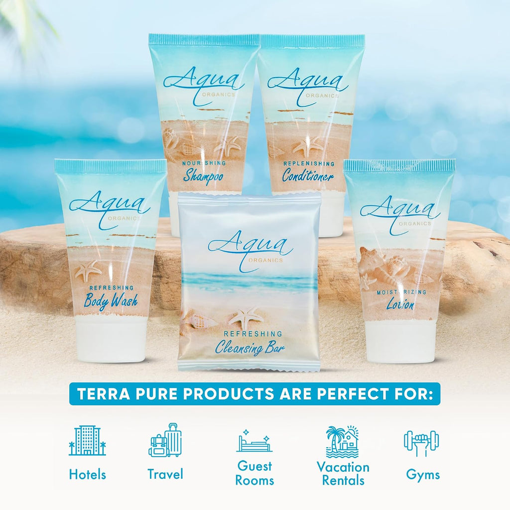 Terra Pure Aqua Organics Hotel Soaps & Toiletries Bulk Set | 1-Shoppe Amenities Kit | 1oz Shampoo & Conditioner, Body Wash, Lotion, 1oz Bar Soap | Travel Size | 150 Pieces