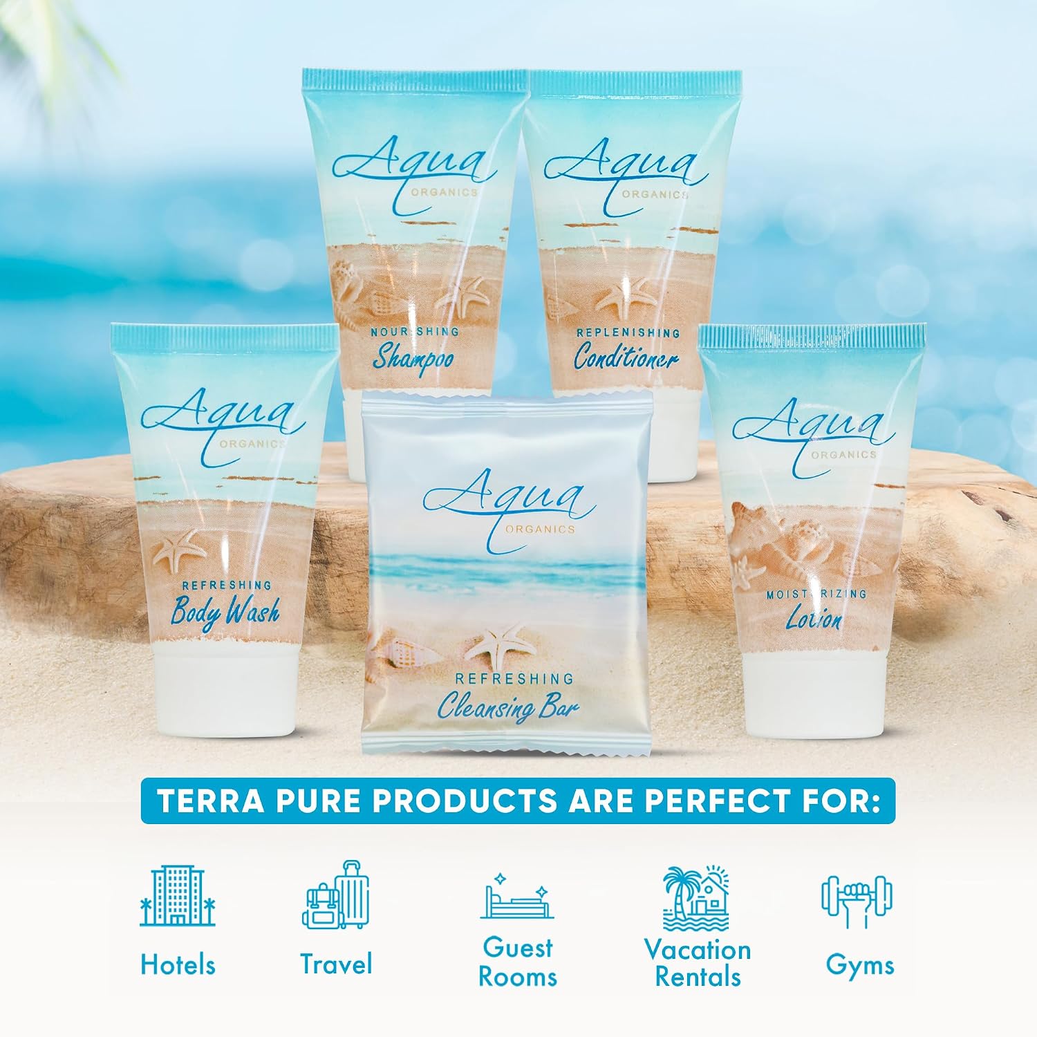 Terra Pure Aqua Organics Hotel Soaps & Toiletries Bulk Set | 1-Shoppe Amenities Kit | 1oz Shampoo & Conditioner, Body Wash, Lotion, 1oz Bar Soap | Travel Size | 150 Pieces