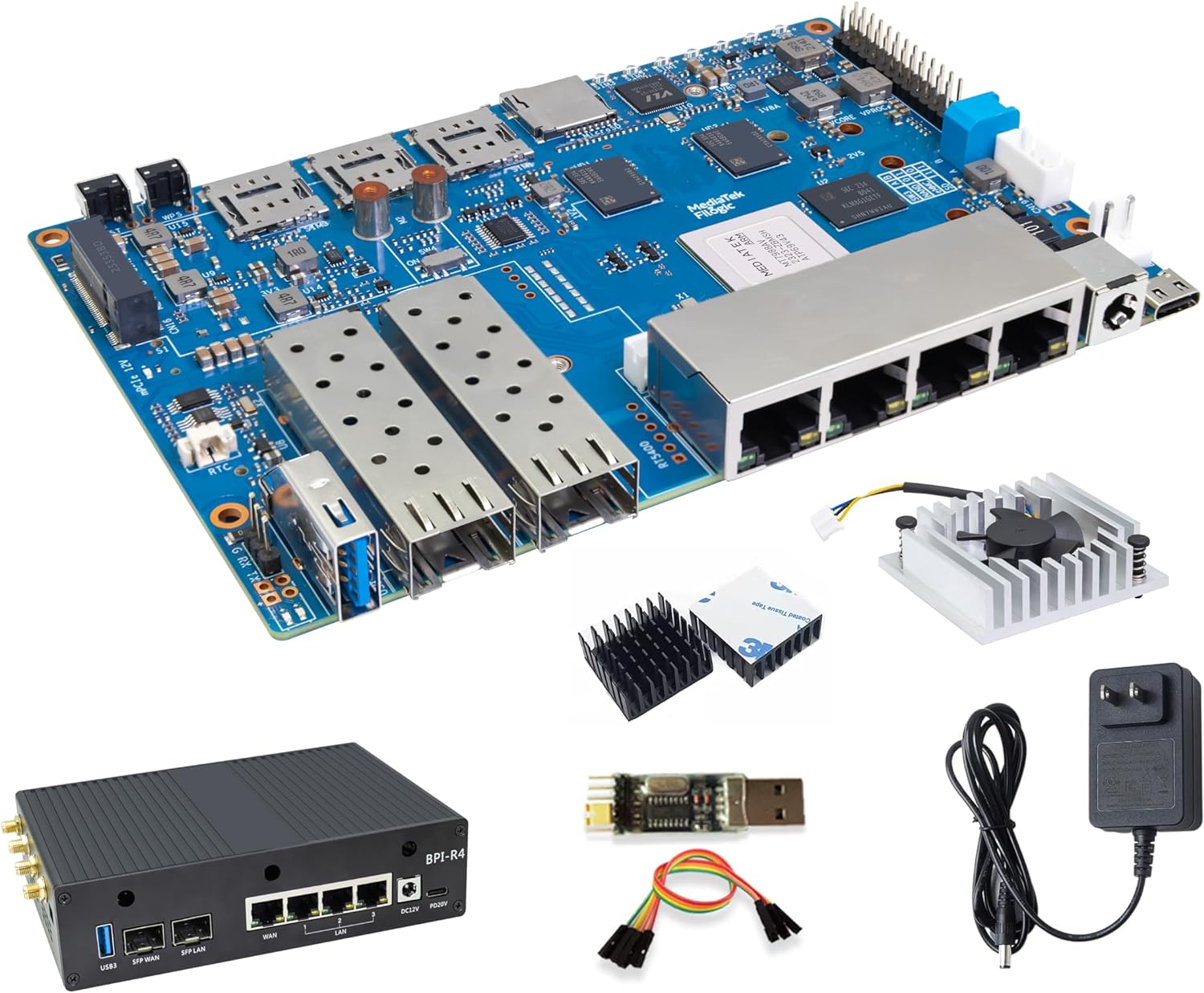 Banana Pi BPI-R4 WiFi 7 Wireless Dual-Band WiFi Router Board OpenWRT, with MediaTek MT7988A (Filogic 880) SoC, Support 2X 10GbE SFP and 4X GbE Gigabit Ethernet for NAS Smart Home Gateway (Bundle2)