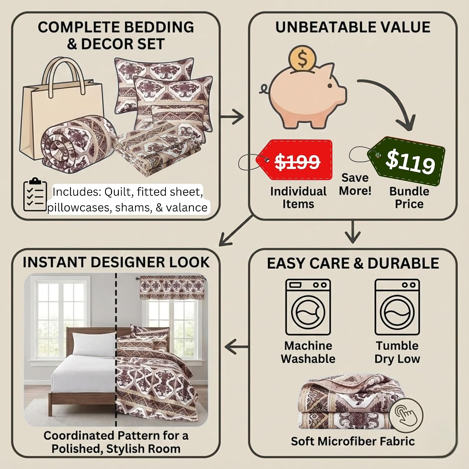 DaDa Bedding Collection Bed in a Bag Set - 11 Pieces - Farmhouse Elegant Paisley Burgundy Maroon Kilim : Bedroom Set with Fitted Sheet, Throw Pillows, and Valances - California King
