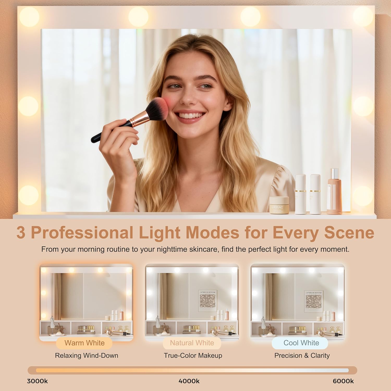 ERLEJIA Vanity Desk with Mirror and Lights, 35.43' Large Mirror Makeup Table with Stool, 5 Drawers Dressing Table for Girls and Ladies Bedroom, White and Gold