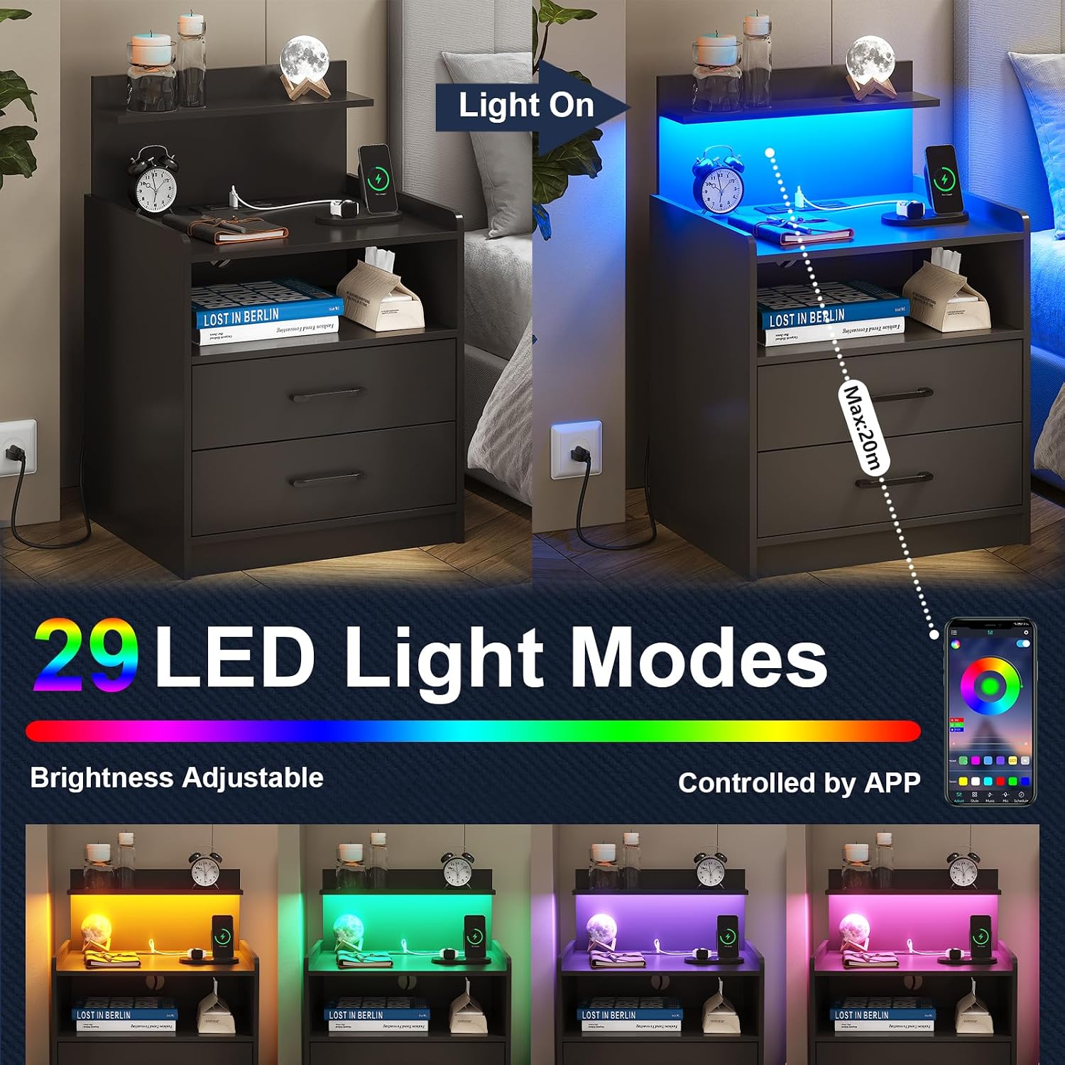 Nightstand Set of 2 with Charging Station and LED Lights, Bedside Table with 2 Drawers and Open Storage Shelf, 2 USB Ports and 2 AC Outlets, LED Night Stands for Bedroom Set of 2, Black