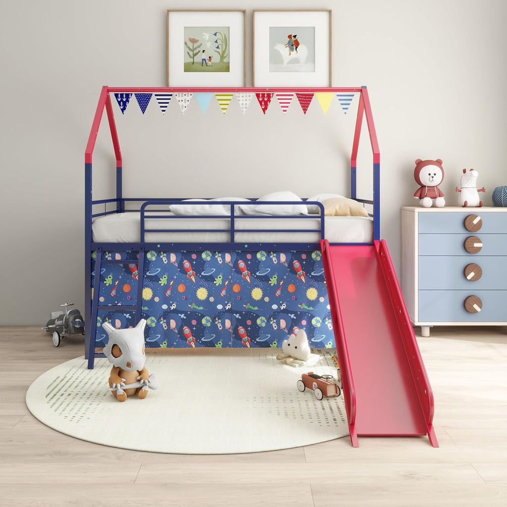 Jack Metal Junior House Twin Loft Bed with Slide and Curtain Set, Navy Blue and Red, 76.7' L x 97.8' W x 74.7' H