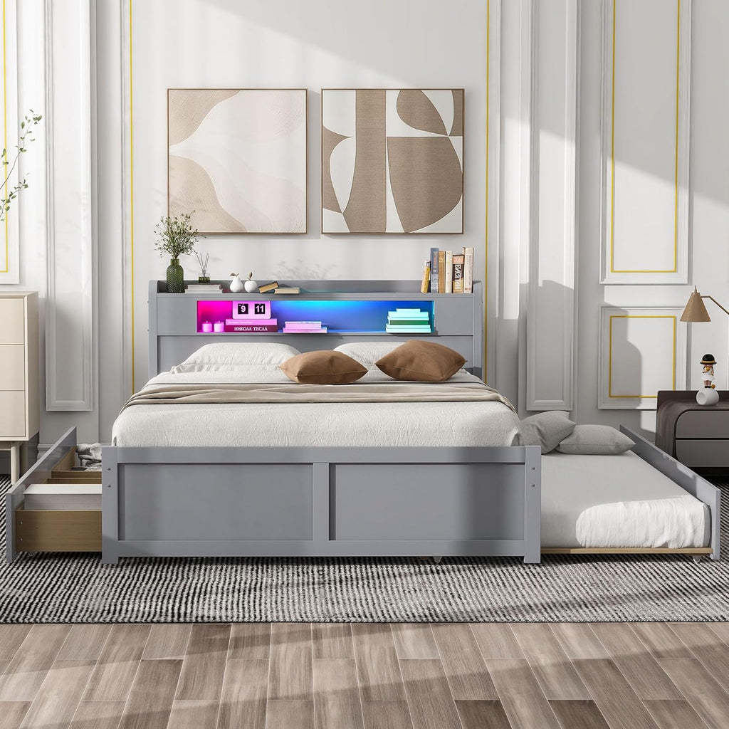 Merax Queen Size Platform Bed Frame with 2 Drawers and Twin Size Trundle, Gray Queen Bed Frame with Headboard, No Box Spring Needed