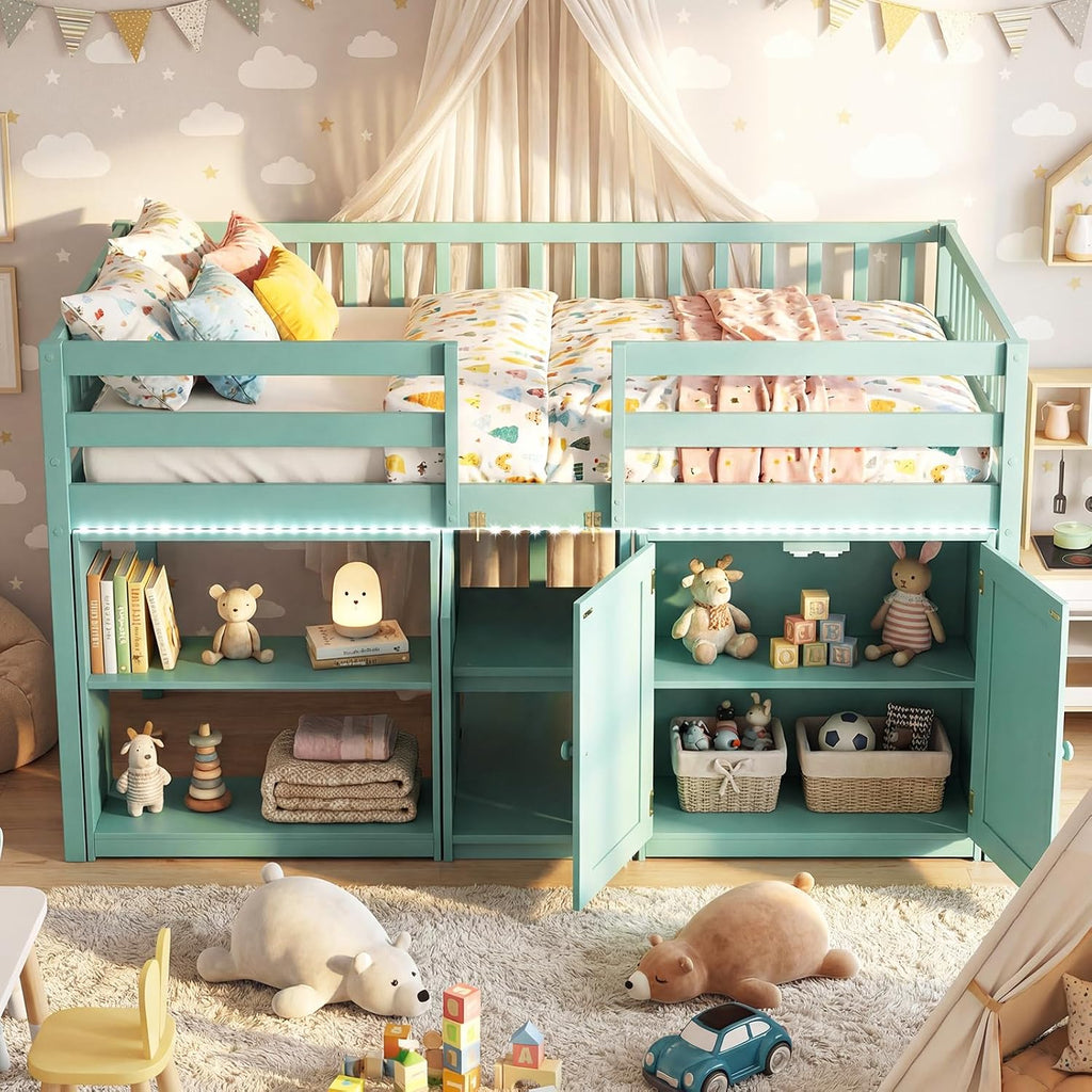 KOMFOTT Low Loft Bed with LED Light, Stairs & Guardrails, Modern Wood Kids Twin Bed with Under-Bed Space, Storage Cabinet and Shelves, Space-Saving Twin Loft Bed for Kids, No Box Spring Needed (Green)