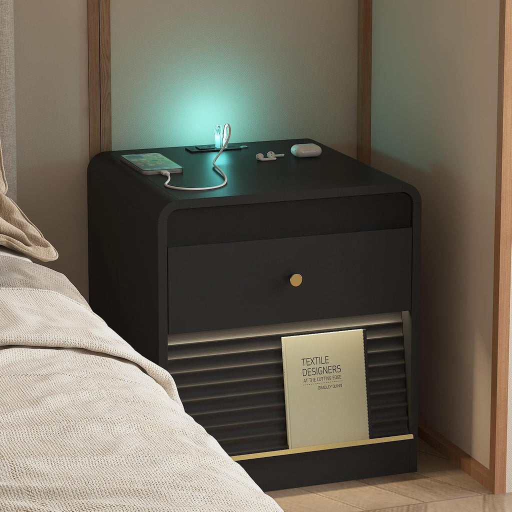 Smart Nightstand with Charging Station – Bedside Table with Voice-Controlled LED Night Light, 1 AC Outlet + 2 USB Ports, Ample Storage Cabinet for Bedroom(Black)