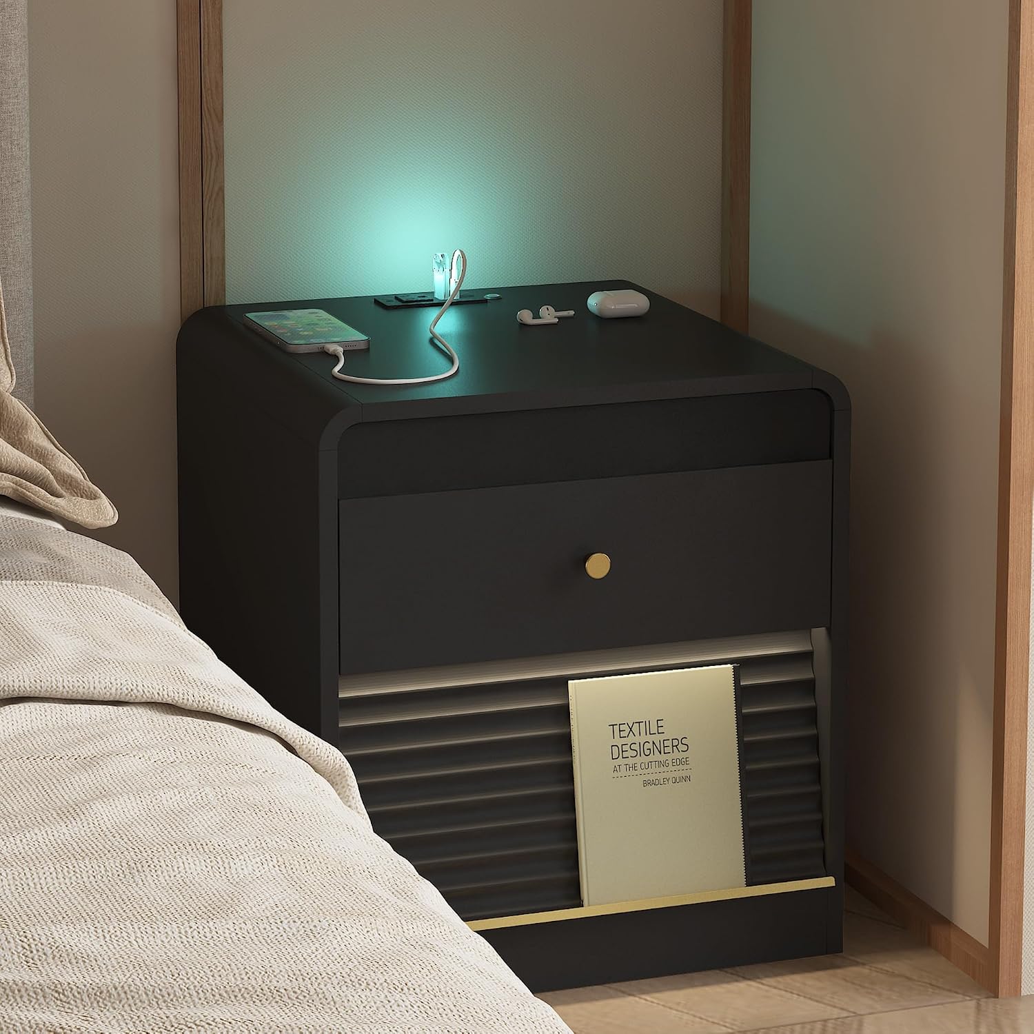 Smart Nightstand with Charging Station – Bedside Table with Voice-Controlled LED Night Light, 1 AC Outlet + 2 USB Ports, Ample Storage Cabinet for Bedroom(Black)
