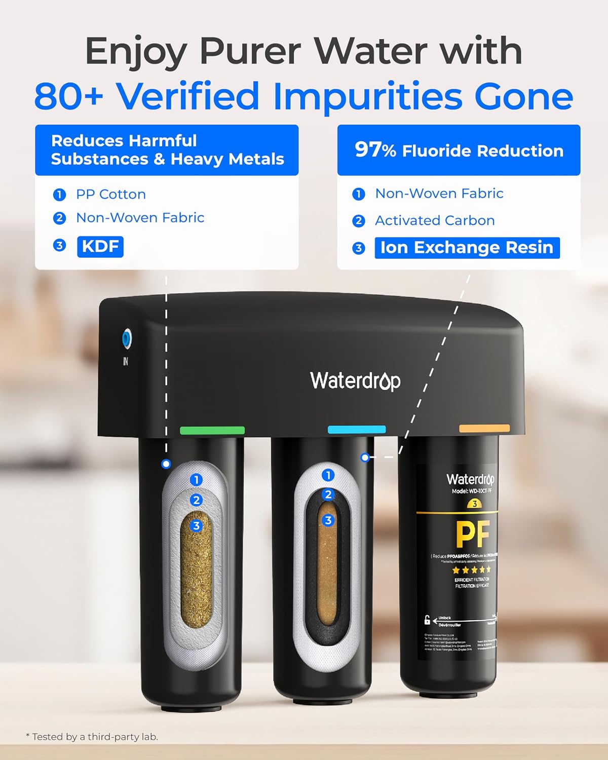 Waterdrop TSB-PF Under Sink Water Filter, Reduces 80+ Impurities-PFAS, Chlorine, Chloramine, Fluoride, Taste&Odor, VOCs, Chloroform, 9 Layer Under Sink Water Filtration System,with A Separate Faucet