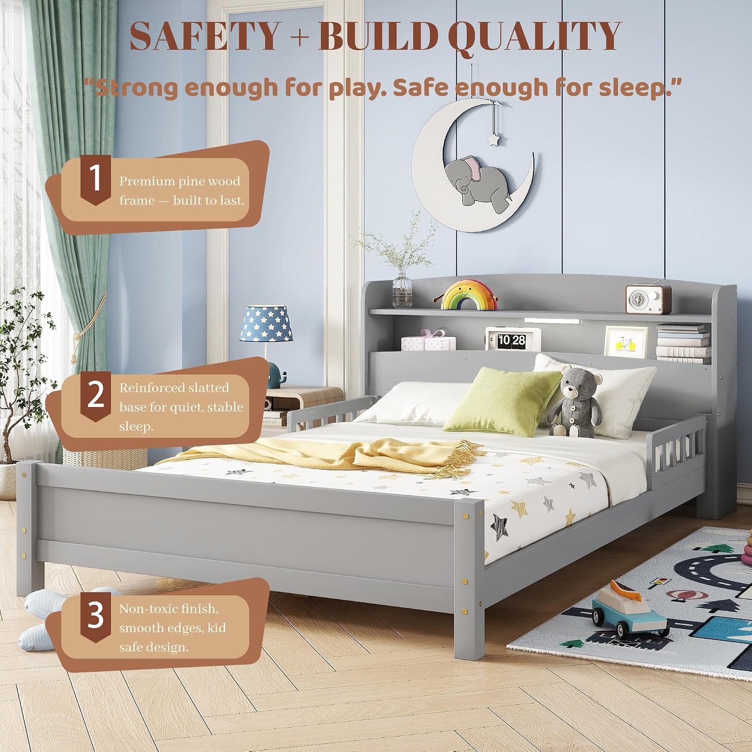 Full Size Bed Frame Kids with LED Motion Sensor Light & Guardrails, Full Size Kids Bed with Storage Bookcase, No Box Spring Needed, Easy Assembly, Grey