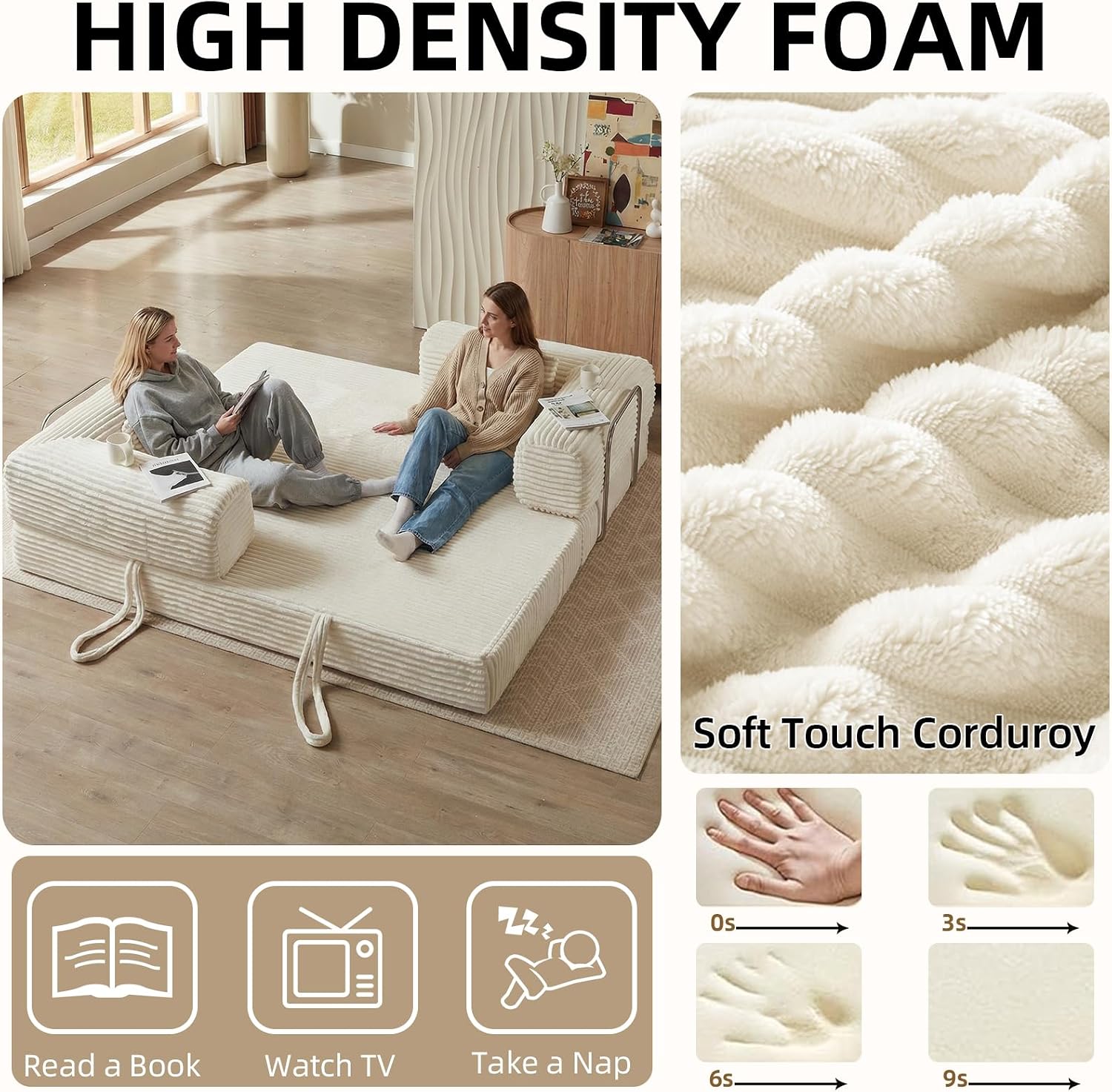 81 Inch Convertible Folding Sofa Bed,Fold Out Floor Sofa Couch with Fixed-Shape Frame,Corduroy Foldable Mattress Cloud Couch for Living Room Bedroom (Off White)
