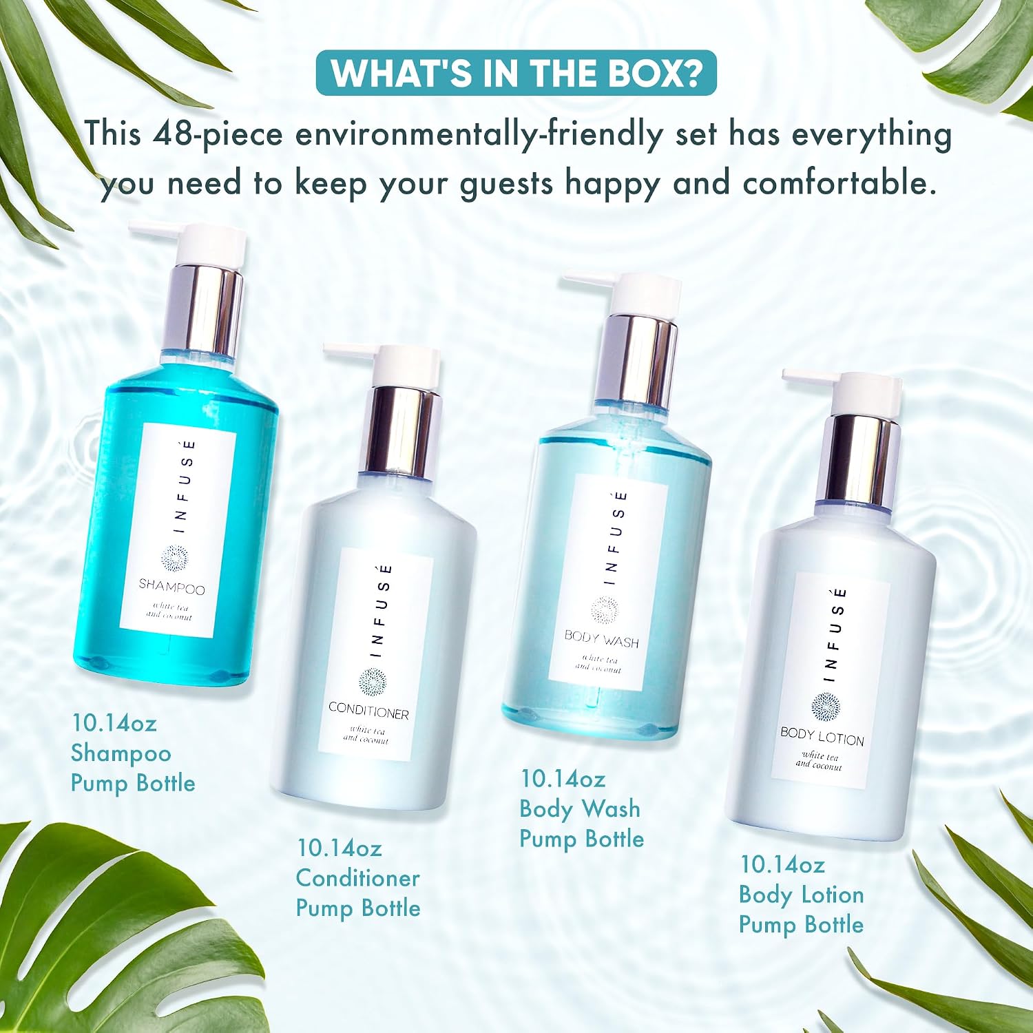 1-Shoppe Infuse 48 Piece Ecobox All-In-Kit | White Tea and Coconut Soap | 12 Shampoo, 12 Conditioner, 12 Body Wash and 12 Lotion | 10.14 oz Hotel Soaps and Toiletries Bulk | Personal Care Products