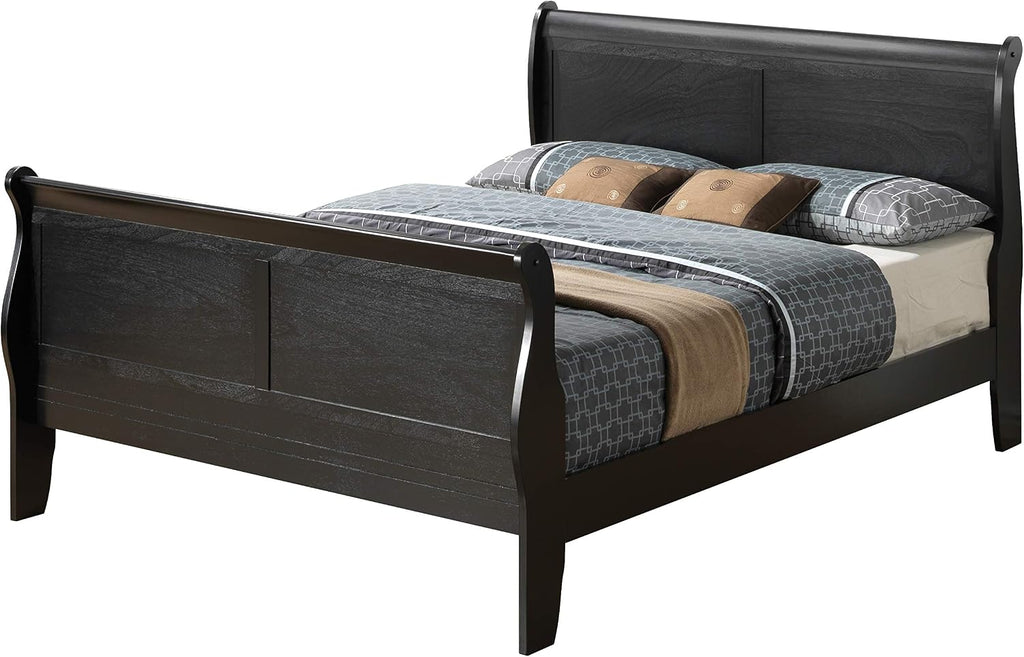 GDFStudio Queen Size Wood Platform Bed Frame, Classic Sleigh Design with Curved Trim & Wood Posts,Easy Assembly, Box Spring Required,Timeless Elegant Bedroom Furniture,Black