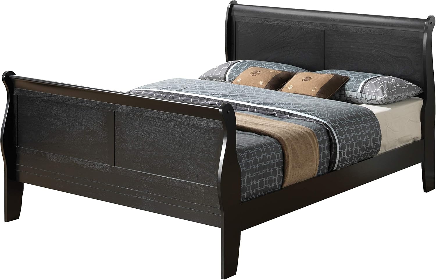 GDFStudio Queen Size Wood Platform Bed Frame, Classic Sleigh Design with Curved Trim & Wood Posts,Easy Assembly, Box Spring Required,Timeless Elegant Bedroom Furniture,Black