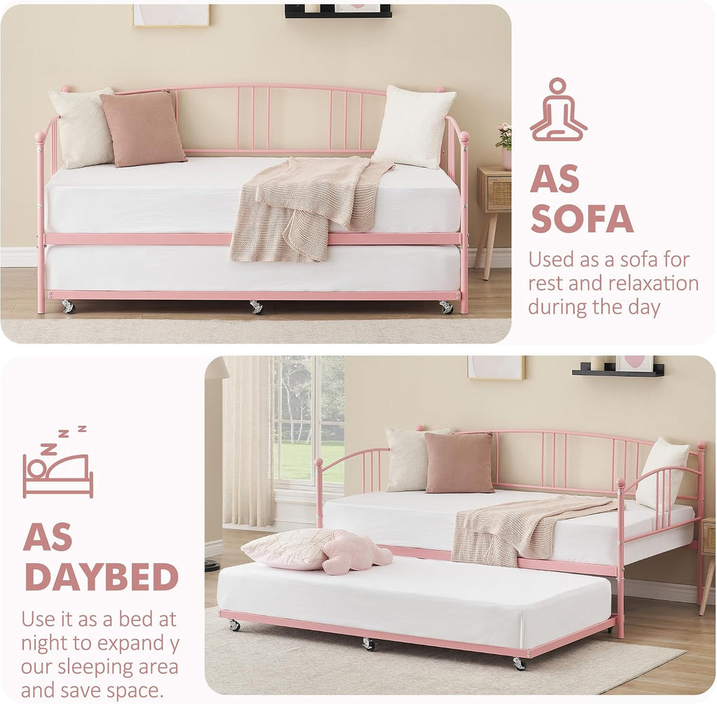 GarveeHome Daybed with Trundle, Sturdy Metal Day Bed with Steel Slat Support, Trundle Bed Twin with Arched Headboard, SofaBed for Living Room, Bedroom and Guest Room, Pink