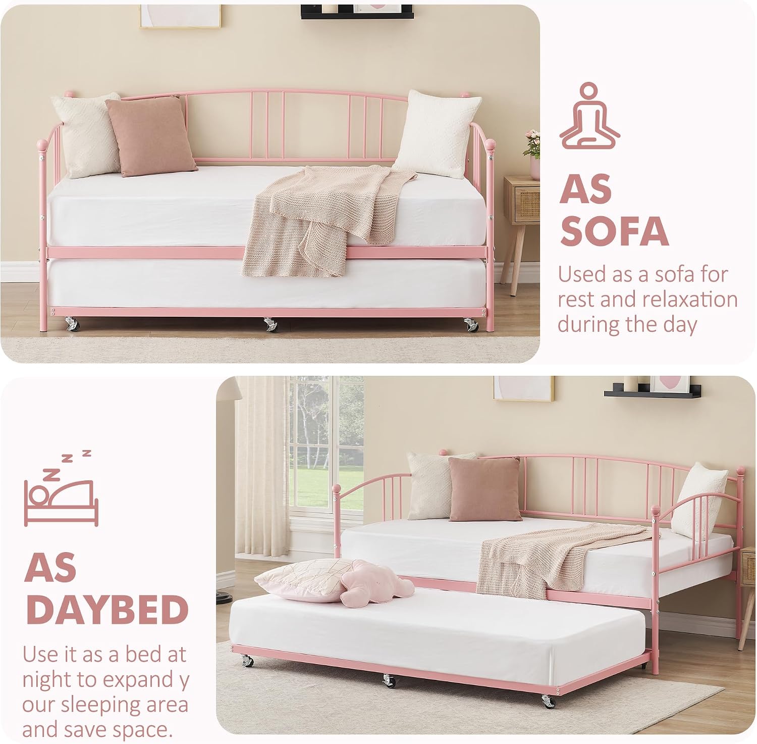 GarveeHome Daybed with Trundle, Sturdy Metal Day Bed with Steel Slat Support, Trundle Bed Twin with Arched Headboard, SofaBed for Living Room, Bedroom and Guest Room, Pink