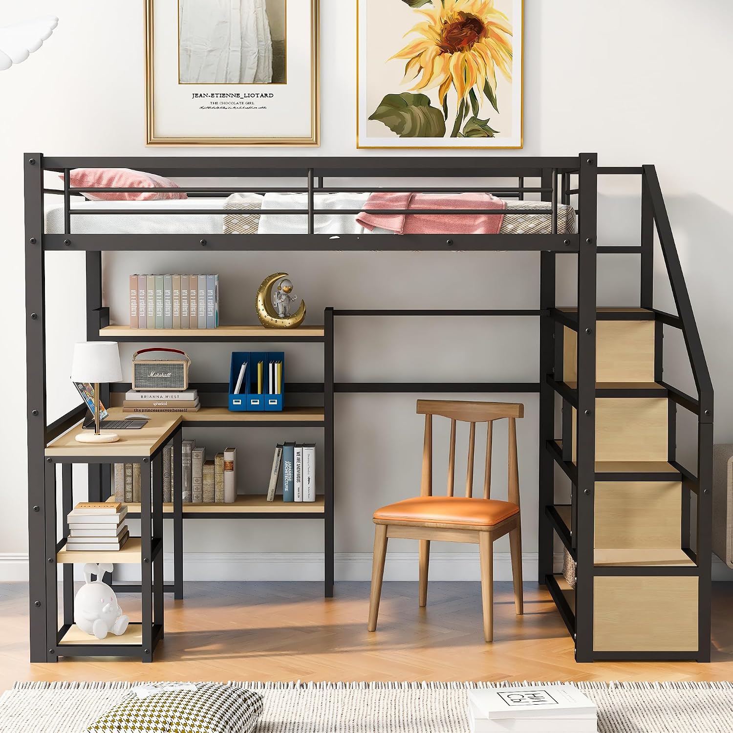 JIVOIT Metal Loft Bed with Storage Staircase, Full Size Loft Bed with Built-in Desk and 3-Tier Storage Shelves, Space-Saving 3 in 1 Design Metal Loft Bed with Guardrails, No Box Spring Needed