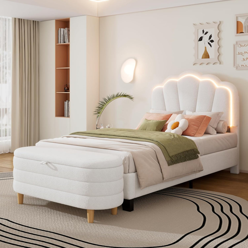 2 Pcs Bedroom Sets Twin Size Flower Shaped Upholstered LED Platform Bed with Storage Ottoman Sherpa Fabric, White