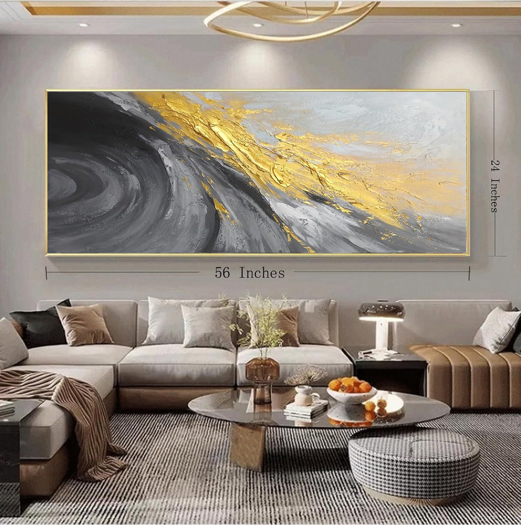 Large 3D Black and White Abstract Wall Art for Living Room, Gold Framed Textured Artwork for Office-Hand Painted Oil Painting on Canvas for Bedroom Home Decoration 24x56 inches