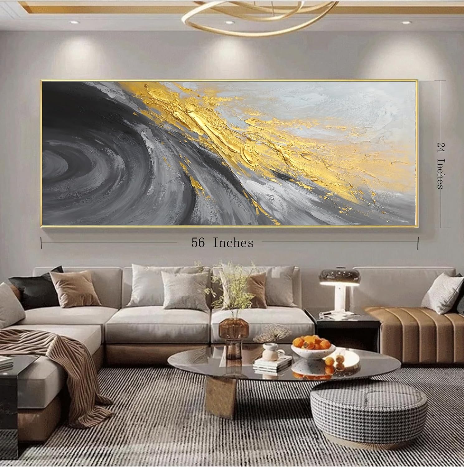 Large 3D Black and White Abstract Wall Art for Living Room, Gold Framed Textured Artwork for Office-Hand Painted Oil Painting on Canvas for Bedroom Home Decoration 24x56 inches
